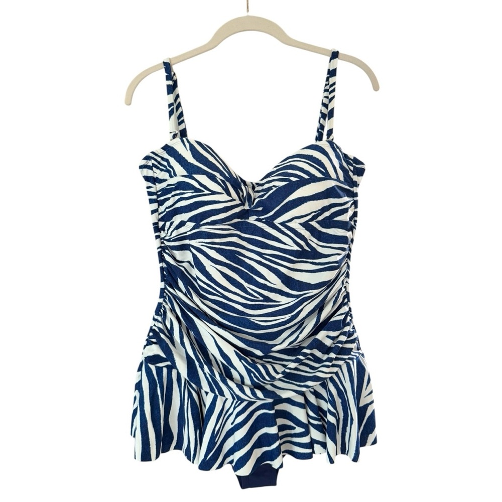 Chaps Skirted Pin Up One Piece Swimsuit Size 16 XL Zebra Print Blue White - Picture 16 of 16